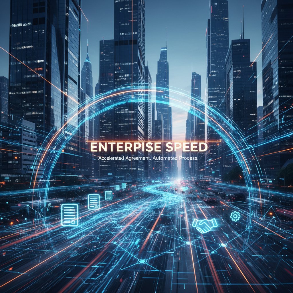 Towering cityscape with digital overlays symbolizing contract flow and speed in enterprise legal operations