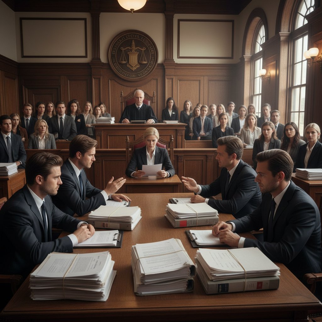 Złożona sytuacja cywilna w sądzie – osoby analizujące dokumenty, napięcie