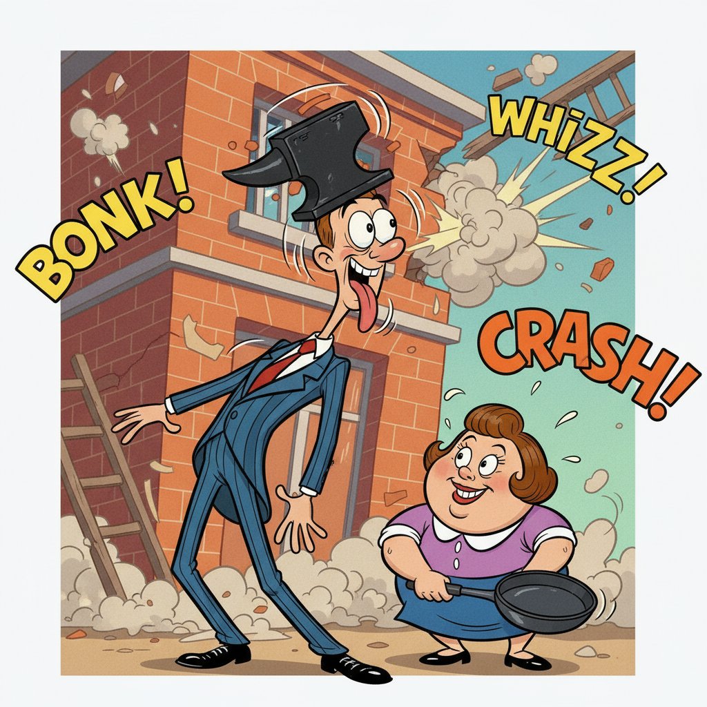 Classic 2D slapstick comedy scene with exaggerated expressions and high-energy timing