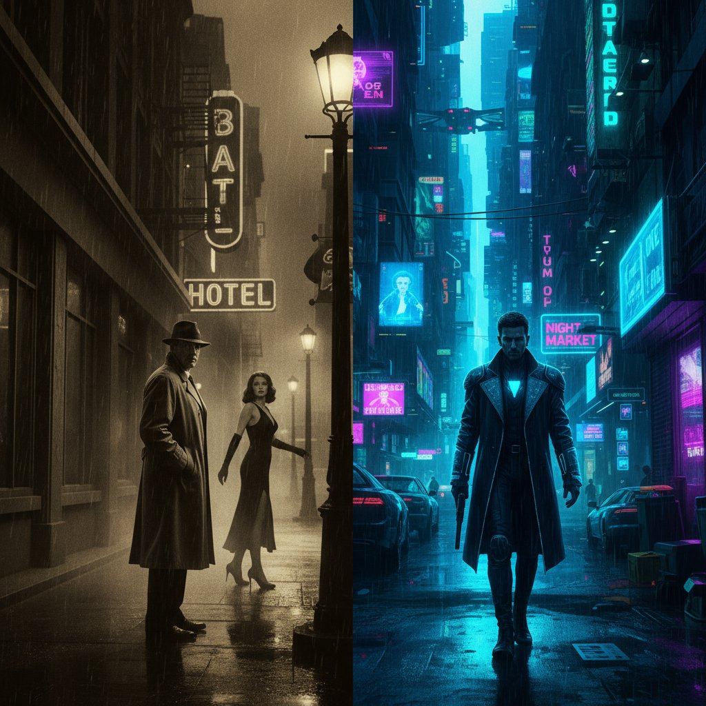 Split-screen of classic and modern film scenes with visual parallels, bold color grading