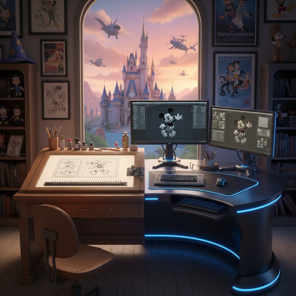 Side-by-side view of classic and modern Disney animation techniques.