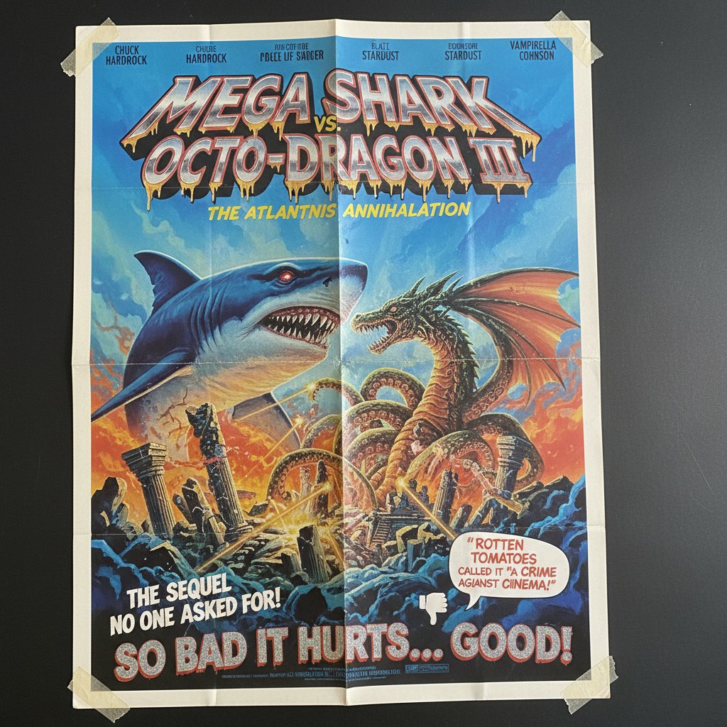 Collage of classic bad movie posters, movie so bad good movies, garish fonts, over-the-top artwork