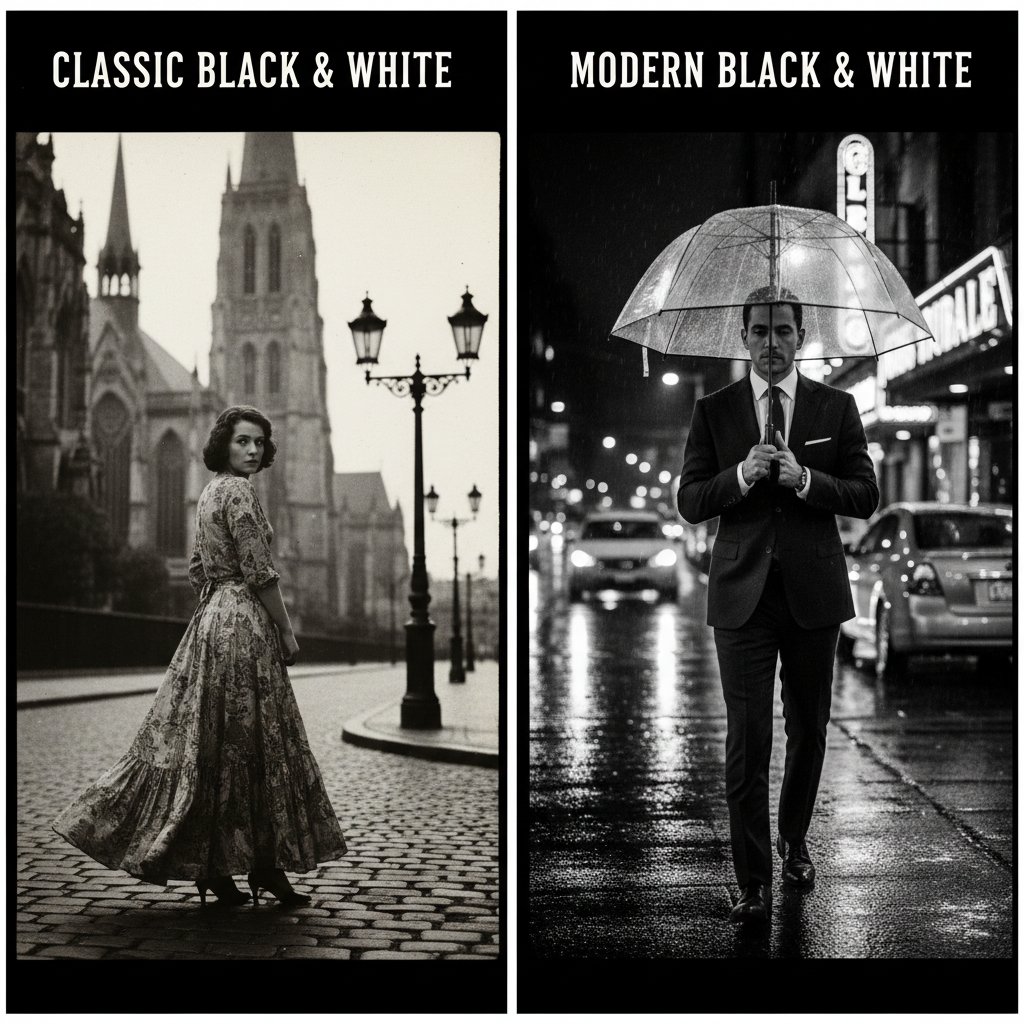Classic vs. modern black and white film, side-by-side comparison