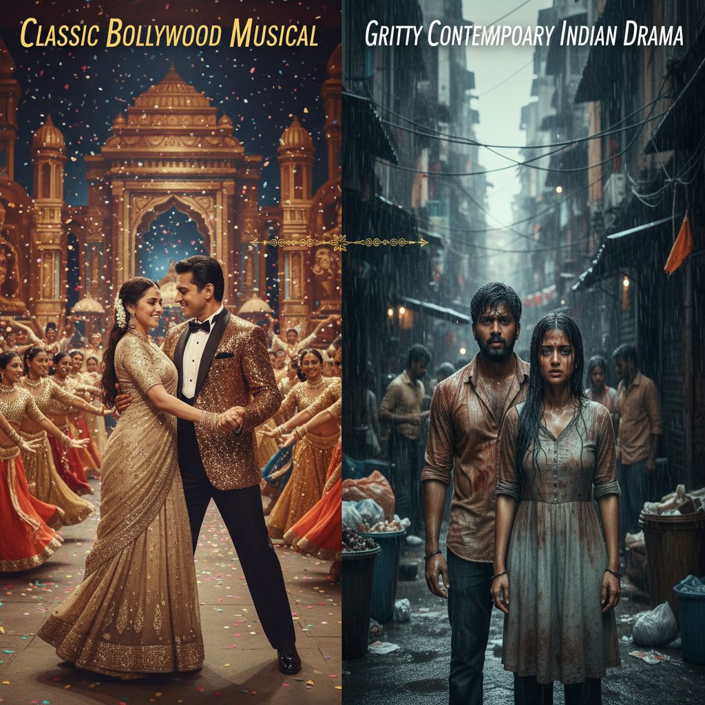 Split image: classic Bollywood musical number versus gritty contemporary Indian drama, 16:9