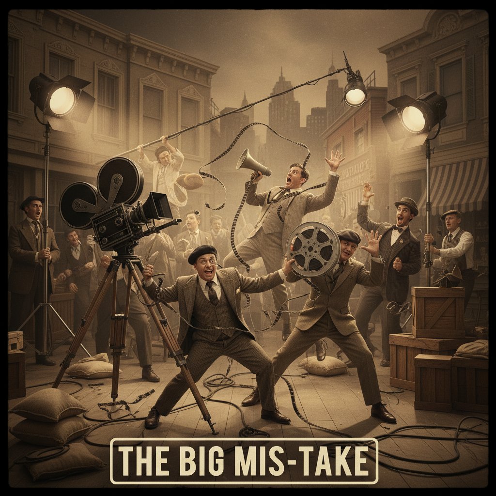 Classic camera comedy in vintage film set, sepia tones, exaggerated angles, actors in comedic poses