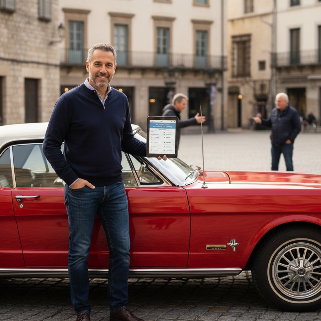 Candid photo: classic car with proud owner holding a faded, negative survey report, resilient vibe