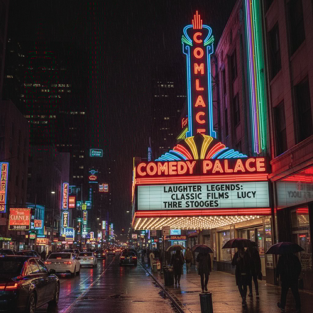 Classic comedies on a theater marquee, neon city, 80s and 90s nostalgia, cinematic lighting