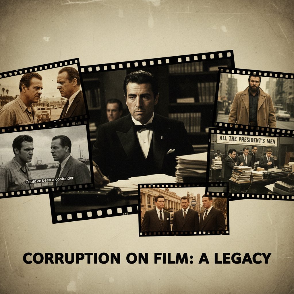 Collage of iconic scenes from classic corruption movies