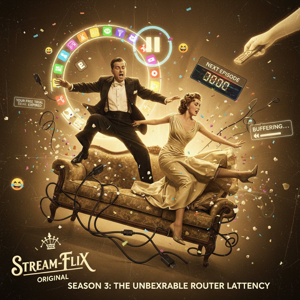 Split-scene: classic film still and modern streaming comedy, both radiating chaotic energy