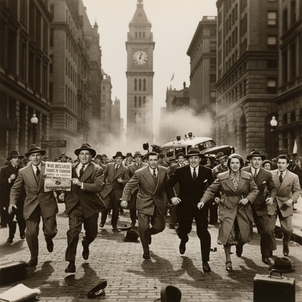 Old cinema camera filming a tense movie set, panic movie history