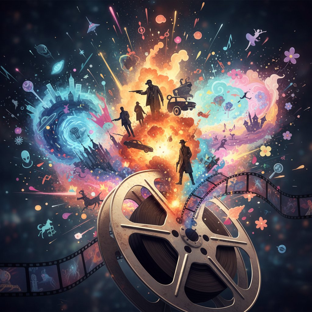 Cinematic explosion of blended genres, classic film reel bursting into vibrant colors, representing movie genre mixing in modern cinema