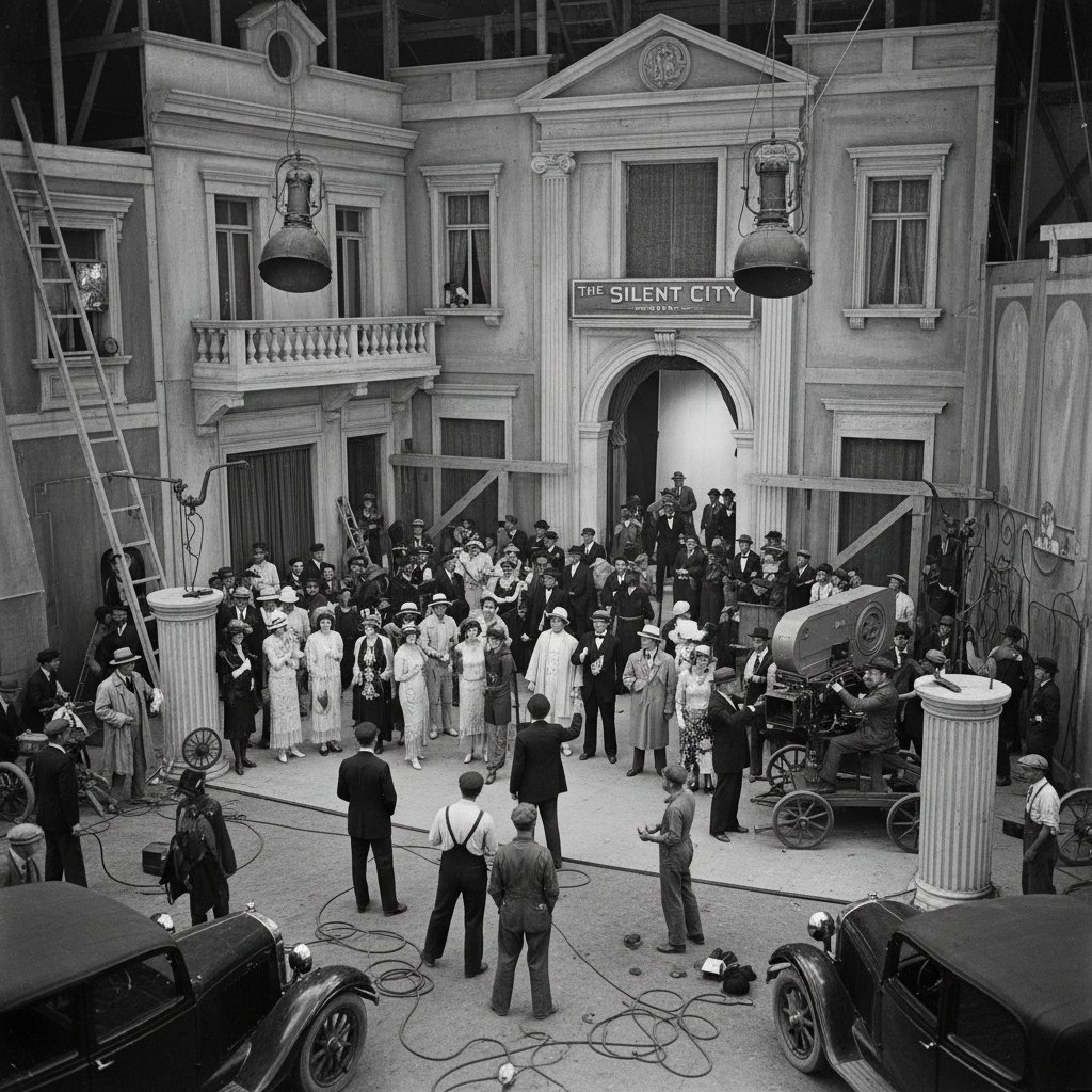 Classic black and white film set with actors in group, early ensemble movie scene, group effort movies