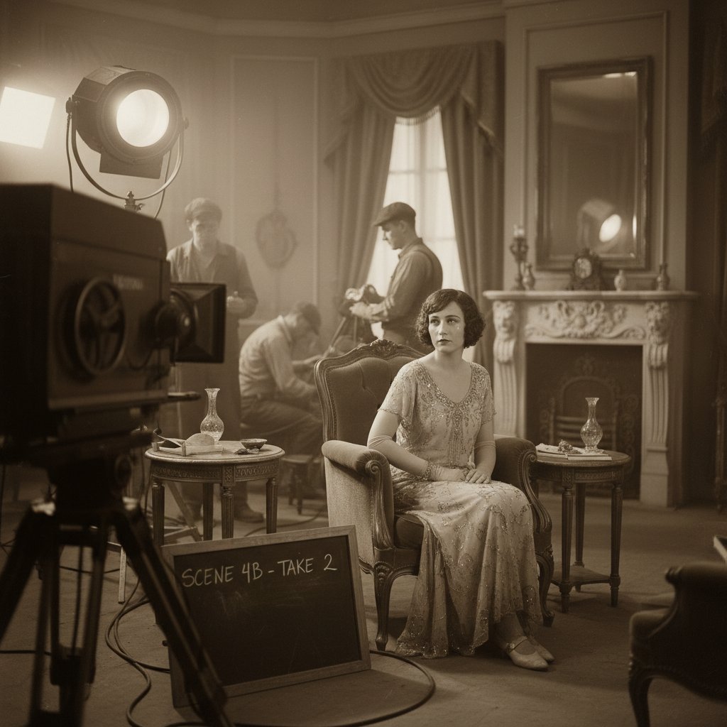 Archival photo of a classic film set, illustrating the history of subtle emotion movies