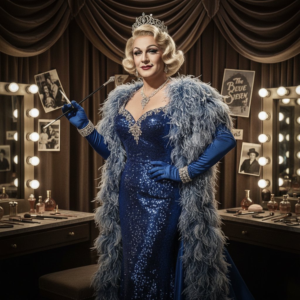 Classic film star in drag costume, 1950s Hollywood, iconic gender-bending movie disguise