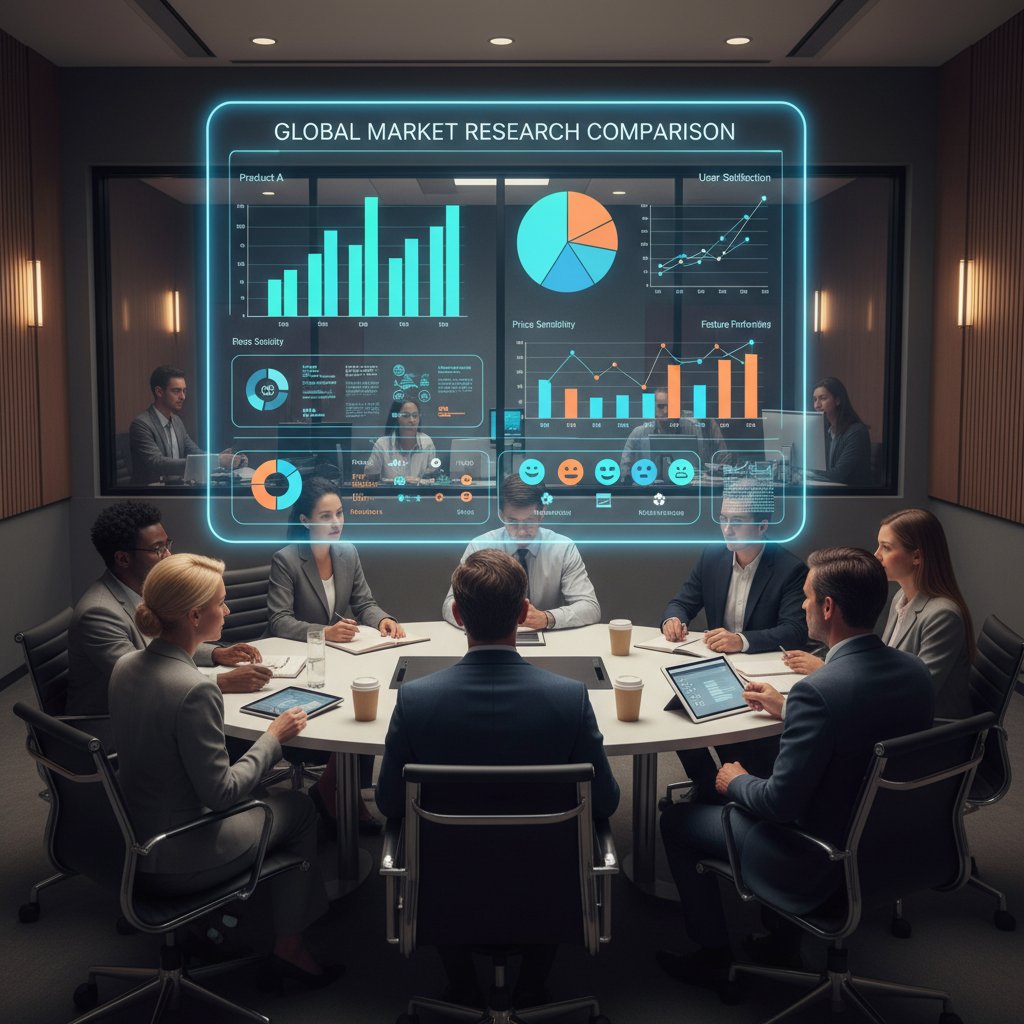 Porównanie tradycyjnych i AI-badań rynku – split-screen: fokus grupa vs. panel AI dashboard