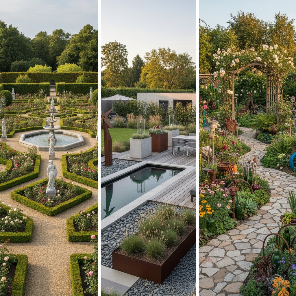 Trzy różne style ogrodów: klasyczny, nowoczesny i eklektyczny obok siebie