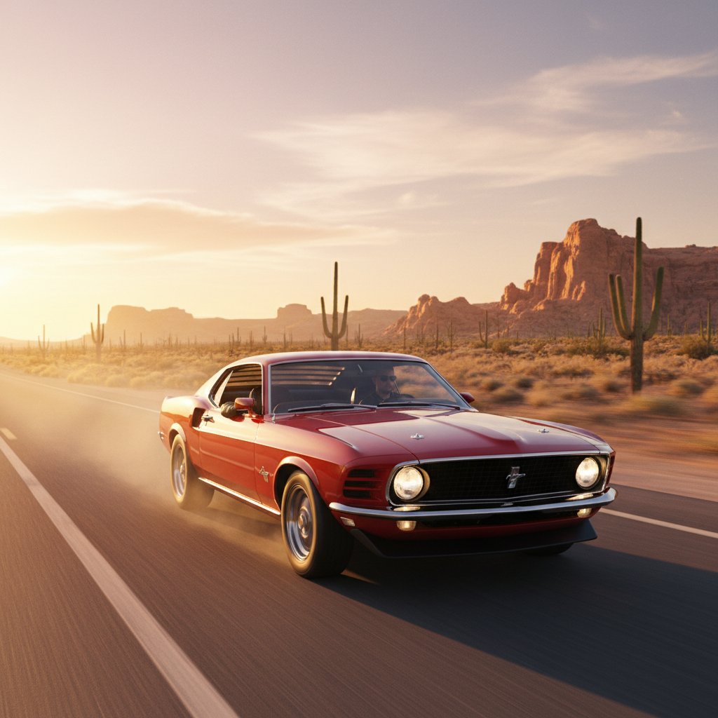 Classic gas car on open road, symbolizing fossil fuel resilience
