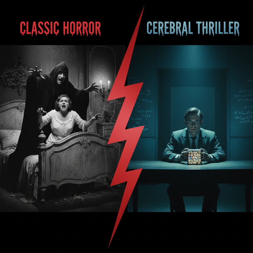 Juxtaposed stills: classic horror film vs. cerebral psychological thriller, underscoring genre distinctions