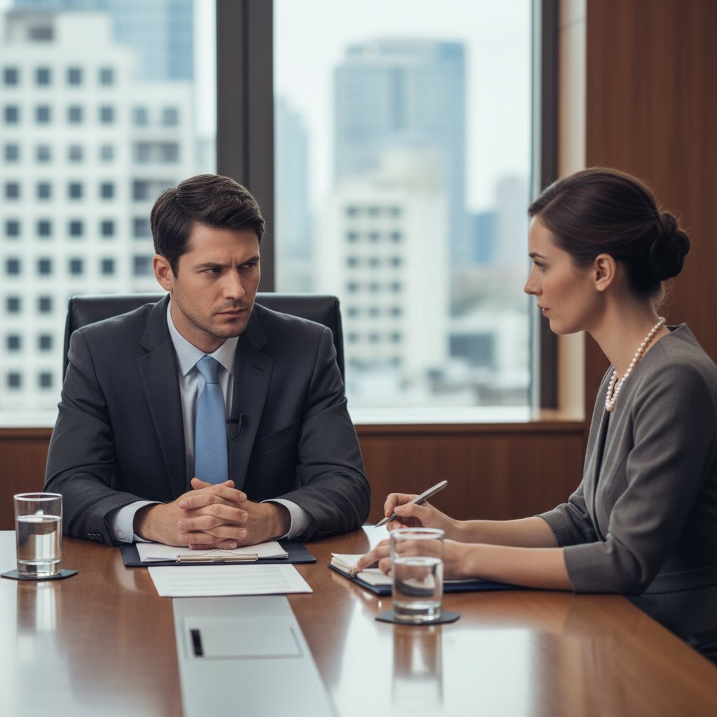 Kandydat odpowiada na klasyczne pytania rekrutacyjne, notatki na stole, atmosfera skupienia