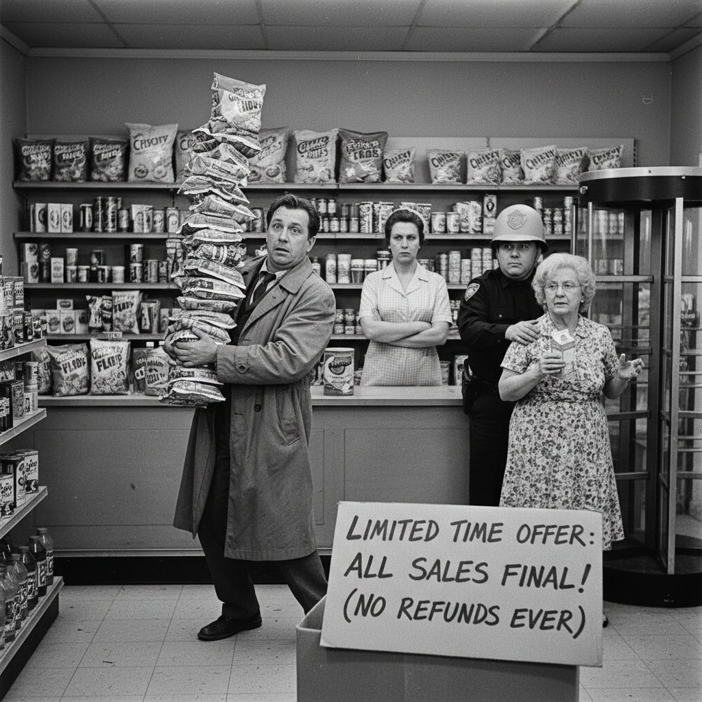 Classic scene from a limited camera comedy, black-and-white convenience store with actors in comedic poses