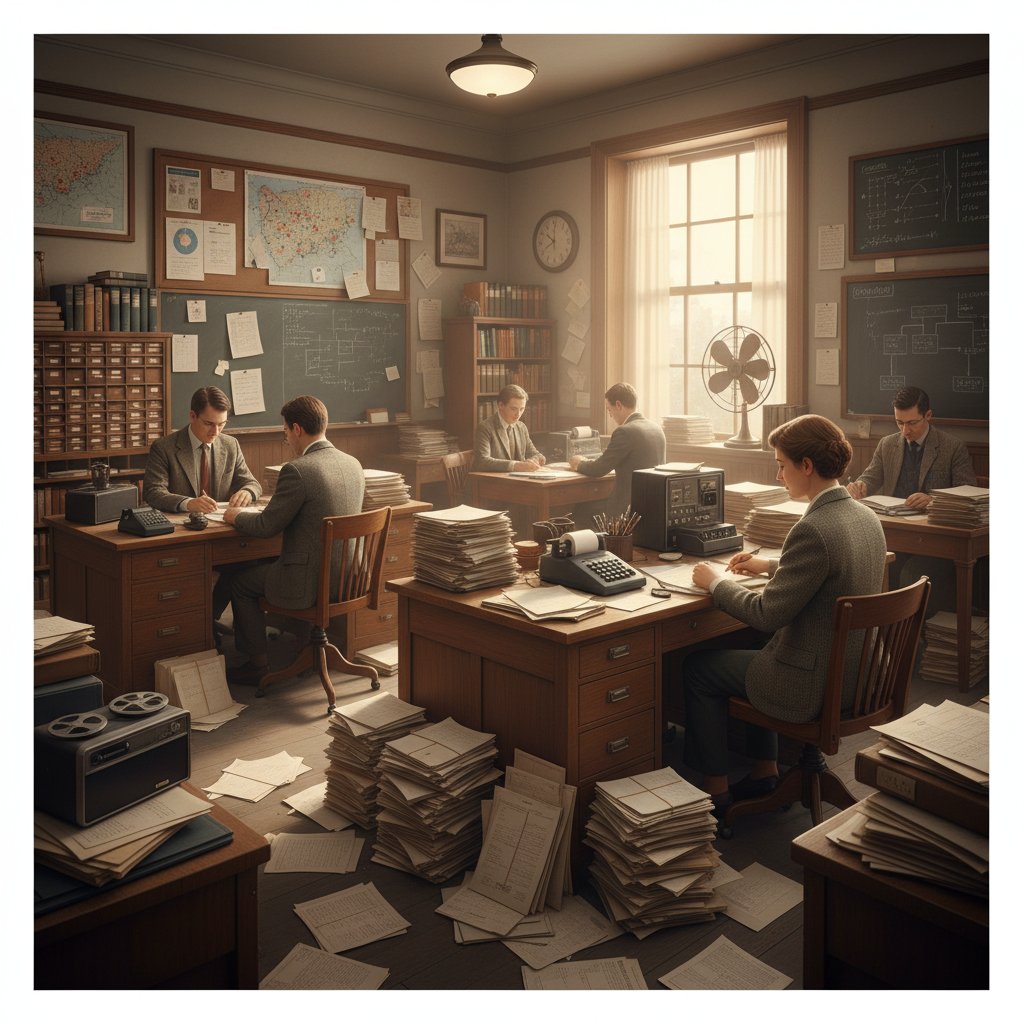 Classic market research office with piles of surveys and analog tools, black-and-white photo