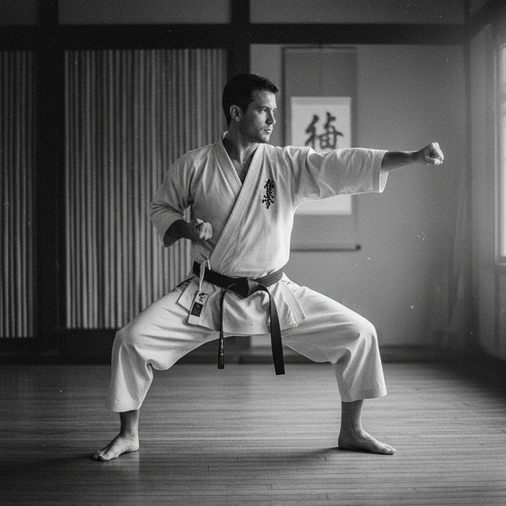 Early 20th-century martial artist in dramatic pose, black-and-white style