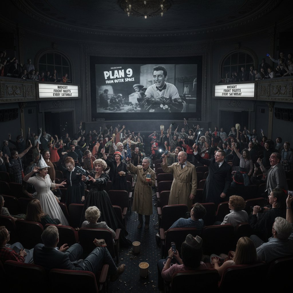 Classic midnight movie moment: costumed fans throw confetti and interact with the film in a packed, buzzing theater