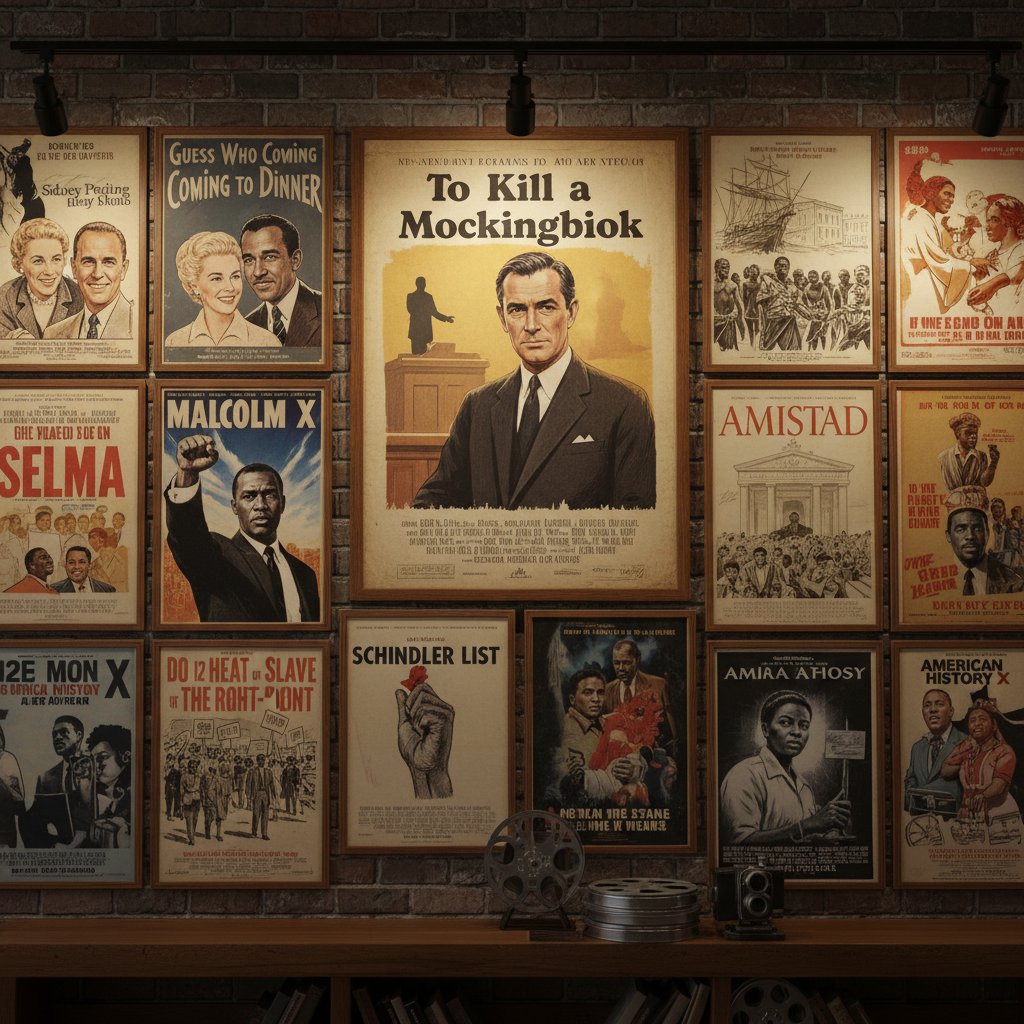 Classic movie poster wall featuring To Kill a Mockingbird, The Color Purple, American History X