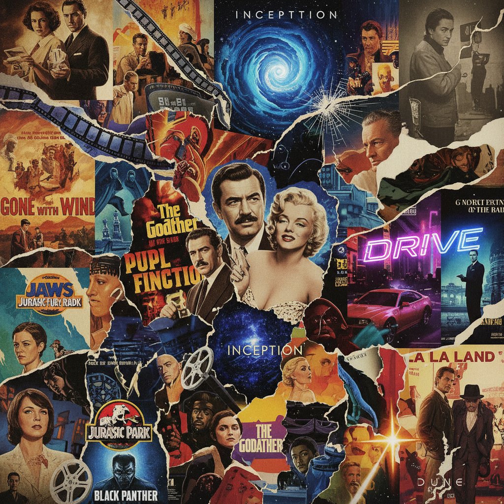 Collage of classic and modern movie posters, chaotic playful arrangement, movie screwball comedy cinema