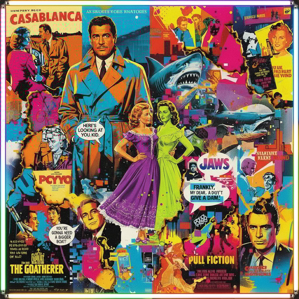 Artful recreation of classic movie posters with modern twist, collage, high color, 16:9