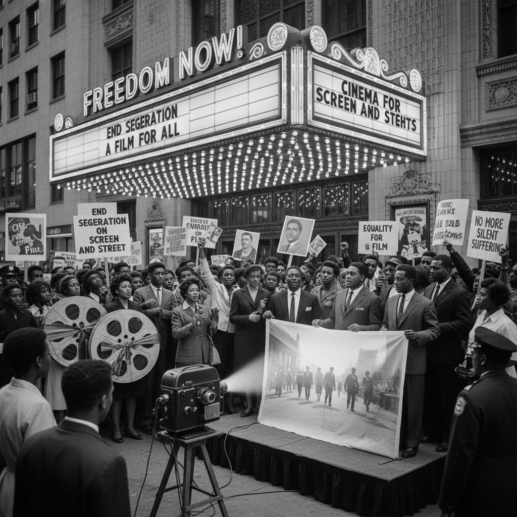 Civil rights protest scene with movie projected in background, cinema and activism intersect