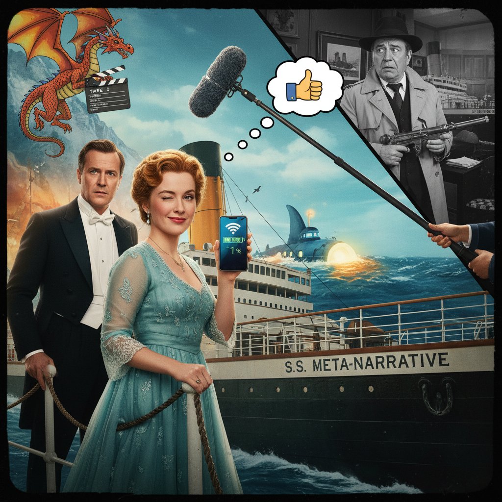 Photo collage of iconic scenes from classic self-aware comedies, showcasing genre diversity