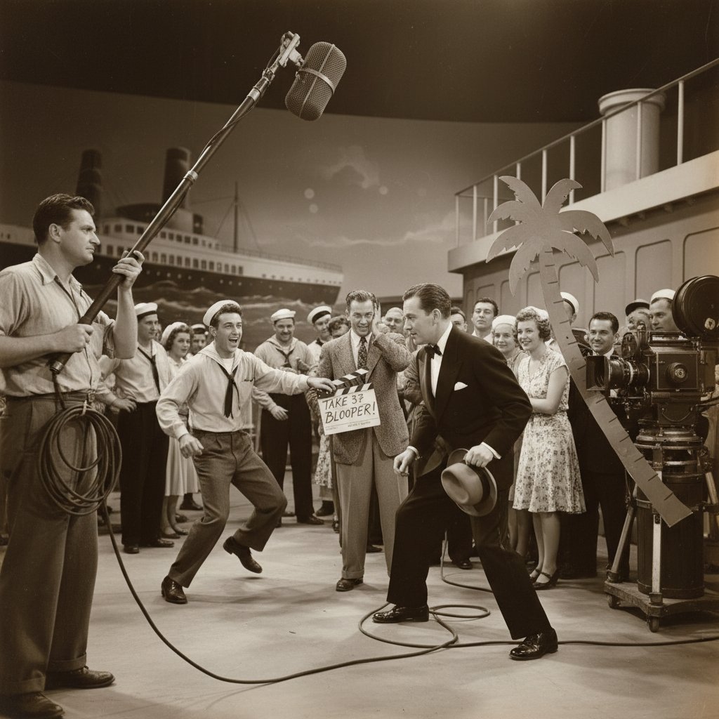 Classic movie set blooper, vintage black and white behind-the-scenes photo of film set mishap