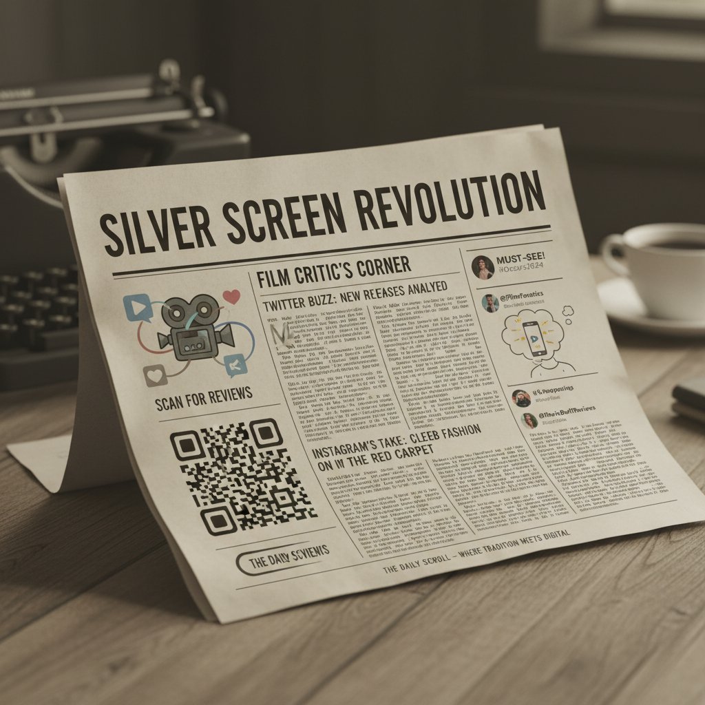 Split-screen photo showing a classic newspaper on one side and a vibrant social media feed with movie journalism content on the other