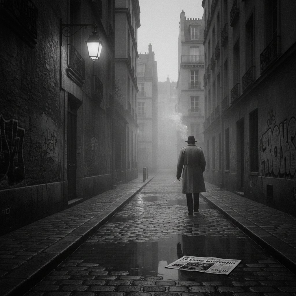 Classic foreign noir setting in a misty 1940s Paris alleyway with vintage signage