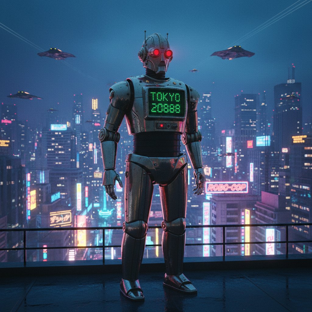 Stylized shot of a classic robot silhouette against city lights, 1980s robot movies aesthetic