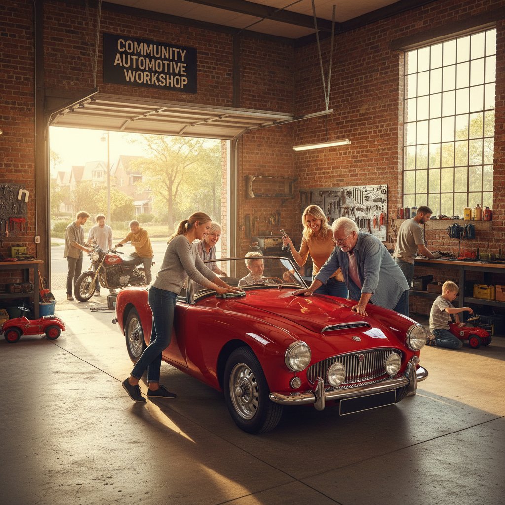 Family and friends maintaining classic sports car, community and generational knowledge
