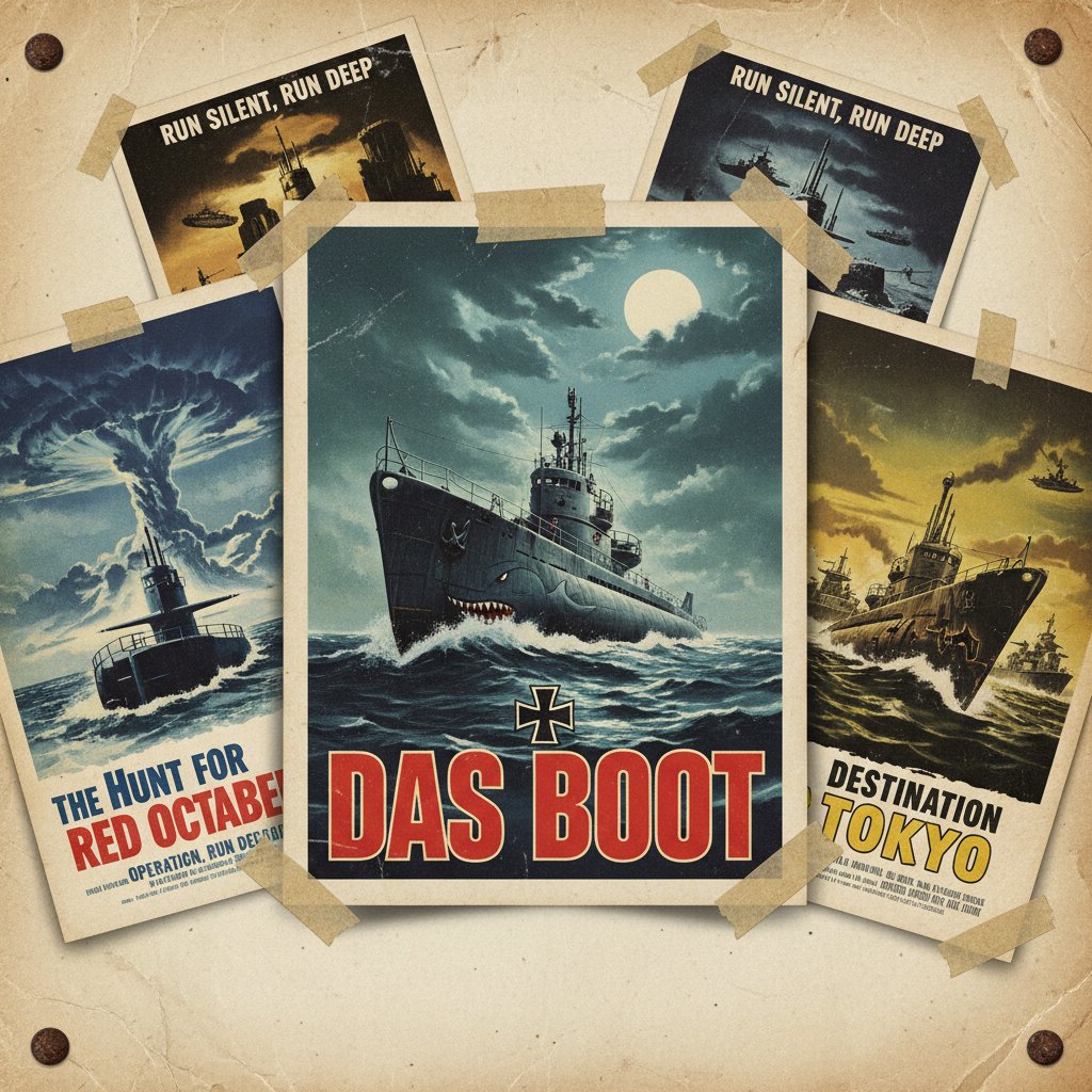Collage of famous submarine movies, classic submarine movie posters