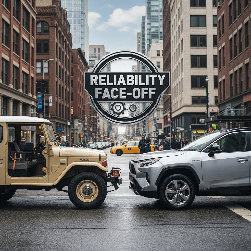 Classic and modern Toyota reliability face-off: gritty city backdrop, old Camry and new RAV4