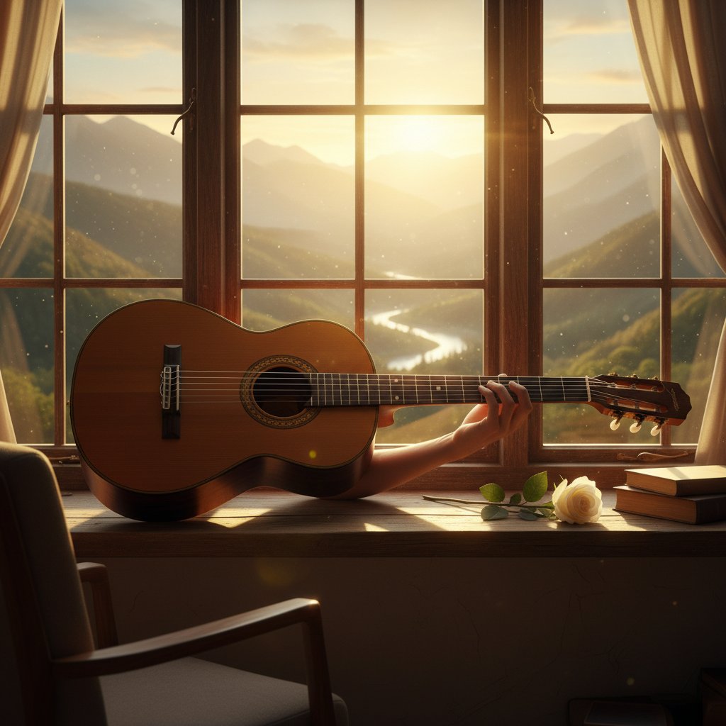 Gitara klasyczna na parapecie o wschodzie słońca, symboliczny obraz nowego początku i wytrwałości w nauce gry online