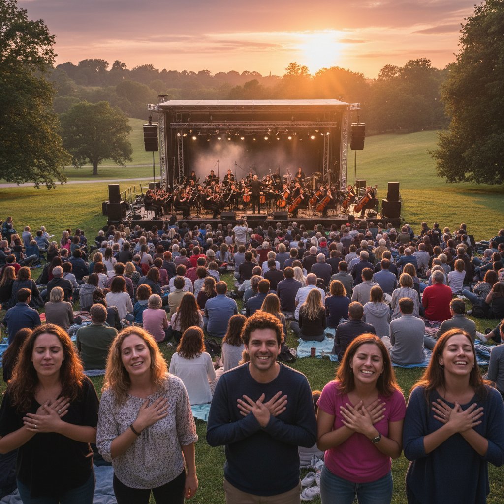Publiczność wzruszona podczas koncertu muzyki klasycznej w plenerze