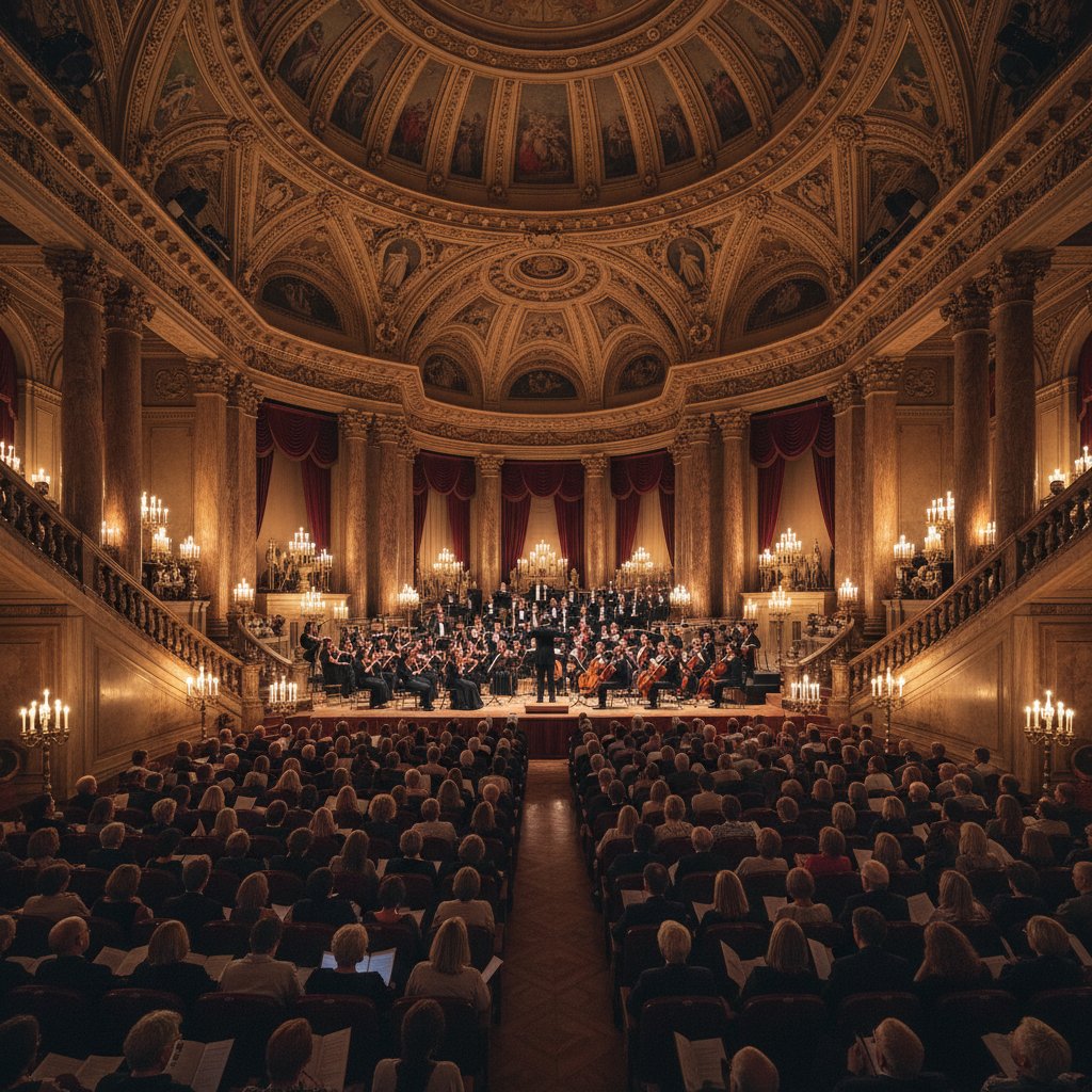 Publiczność na koncercie muzyki klasycznej w Pałacu Kultury i Nauki, światło świec