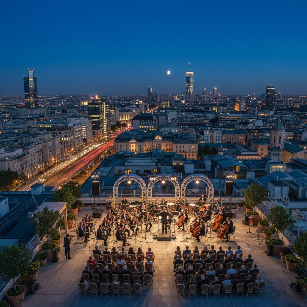 Koncert muzyki klasycznej na dachu wieżowca, noc, panorama miasta