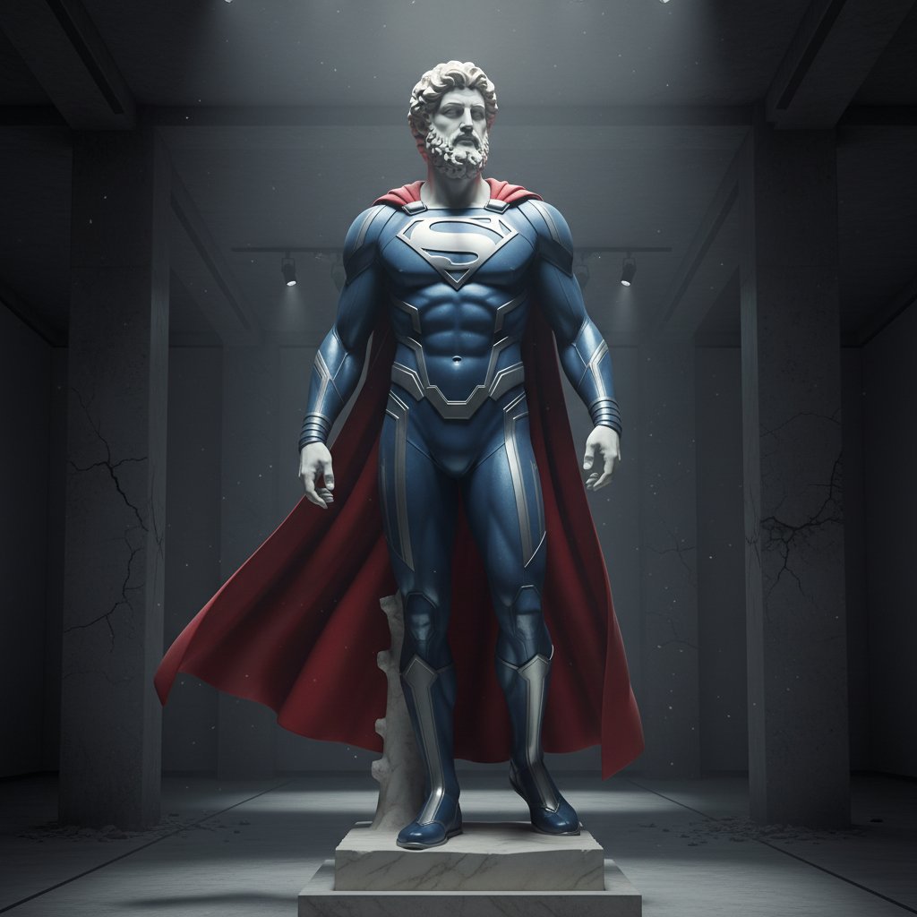 Ancient hero statue in superhero attire symbolizes timeless appeal