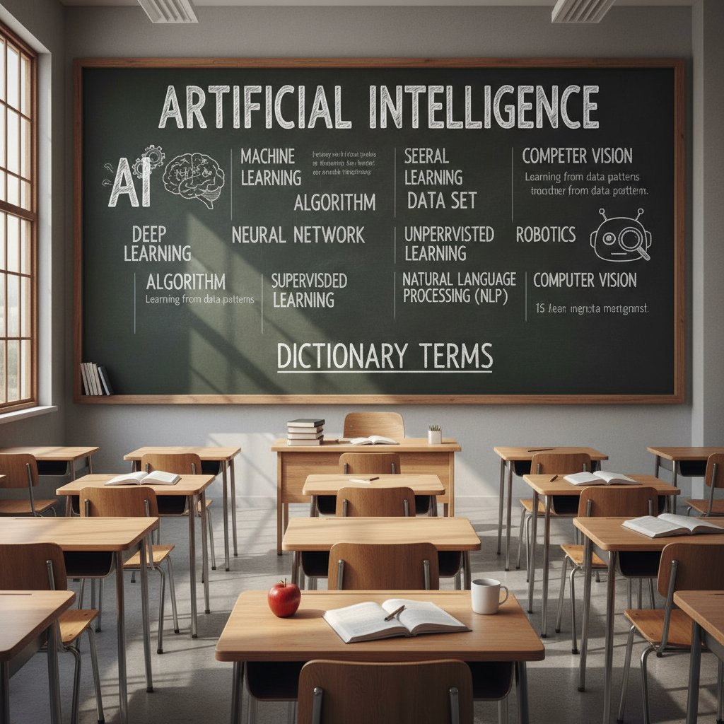 Tablica w klasie z napisem „AI”, otoczona słownikowymi hasłami