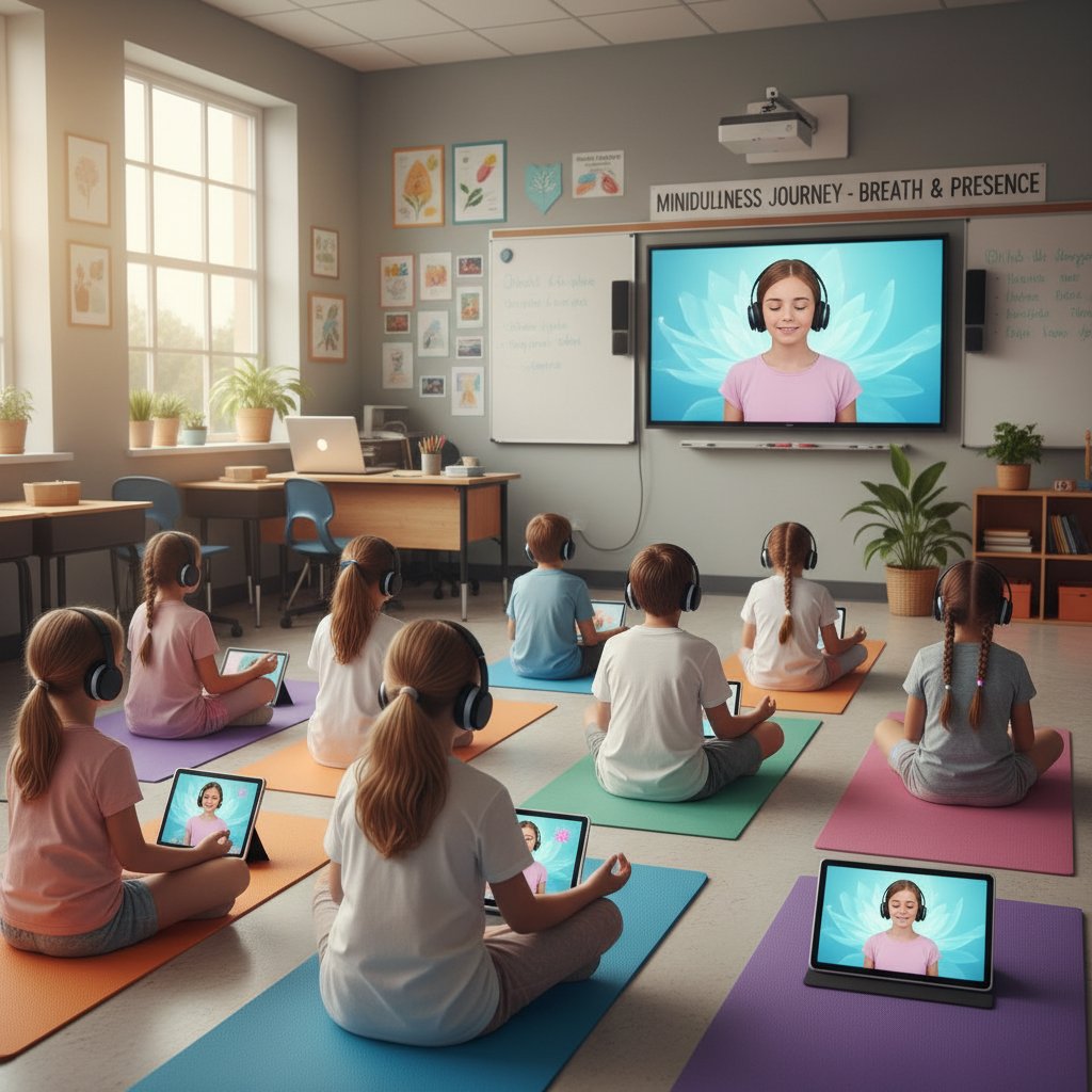 Klasa dzieci uczestniczących w lekcji uważności online