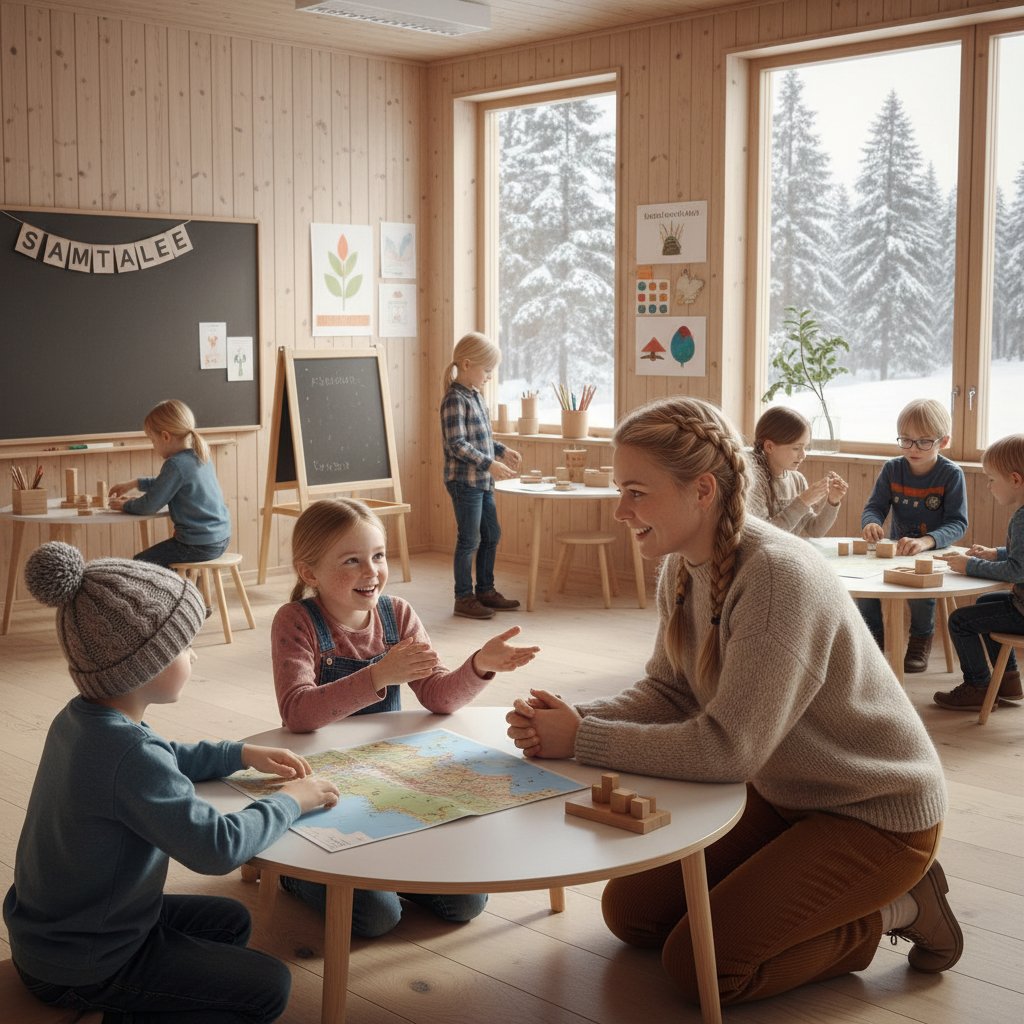 Klasa w szkole skandynawskiej, dzieci swobodnie rozmawiają z nauczycielem o granicach