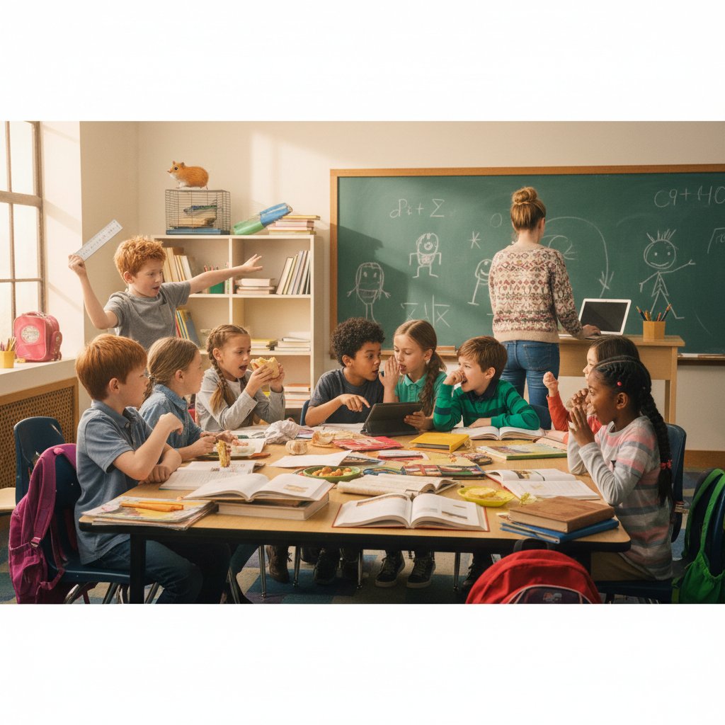 Children discussing lessons from a comedy movie in school, illustrating the educational impact of movie kids comedy cinema