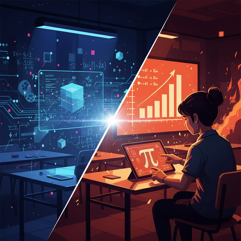 Porównanie nauki matematyki w klasie i online, połowa kadru to sala lekcyjna, druga połowa ekran laptopa z zadaniami