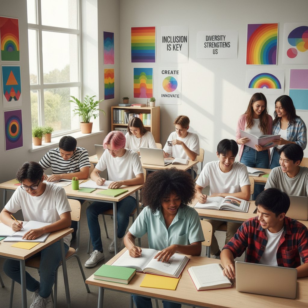 Klasa z młodzieżą i tęczowymi plakatami, symbolizująca edukację i akceptację